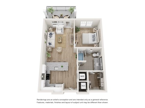 Floor plan for 1 bed, 1 bath, 747 sqft